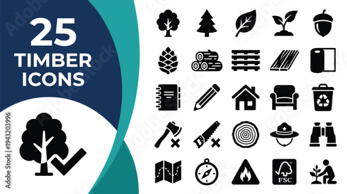 Collection of 25 timber and forestry related icons on a blue background.