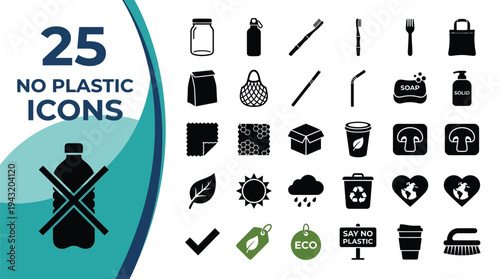 Collection of 25 no plastic icons for eco-friendly living and sustainability.