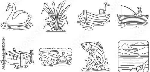 Collection of line art icons representing lake and river activities and nature scenes