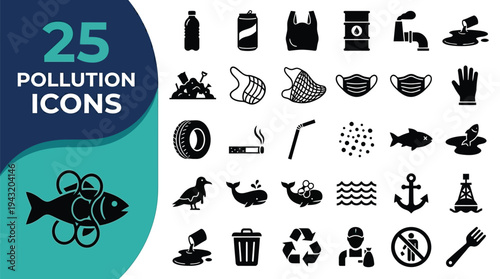 A collection of 25 pollution icons representing various environmental concerns.