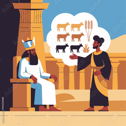 Flat vector illustration, solid color palette, minimal shading, depicting Joseph standing before Pharaoh in an ancient Egyptian palace while explaining the dream. Pharaoh seated on a simple throne wea