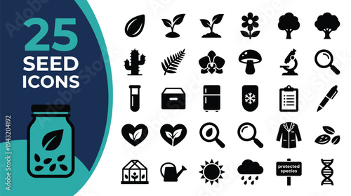 A collection of 25 seed and plant growth icons for science and nature