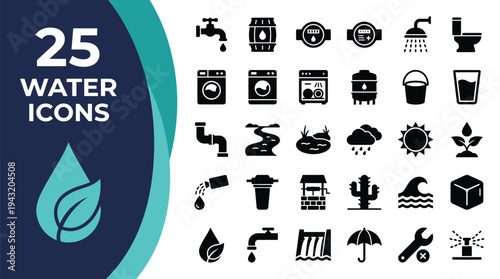 Collection of 25 water-related icons for design and illustration purposes.