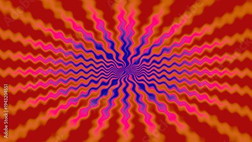 Abstract optical illusion background with red orange gradient, pink blue wavy radial lines, hypnotic spiral motion, and vibrant geometric decorative layout
