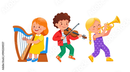 Joyful Kids Orchestra Young Musicians Learning and Performing Together with Harp, Violin, and Trumpet in a Lively Cartoon Illustration