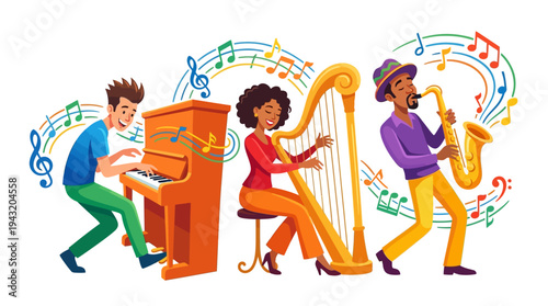 Dynamic illustration of a diverse musical ensemble, featuring a pianist, harpist, and saxophonist, joyfully creating harmonious melodies surrounded by an energetic swirl of colorful music notes
