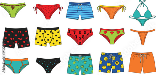 Cartoon underwear and swimwear collection with colorful patterns, briefs, bikinis, trunks, fashion illustration concept for clothing design