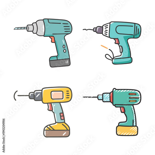 Collection of four cartoon-style cordless power drills with drill bits