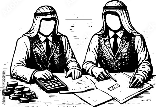 Black and White Vector Illustration of Two Faceless Arab Businessmen in Keffiyeh Calculating Finances at Desk with Calculator