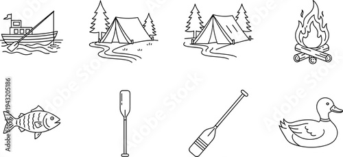 Collection of hand-drawn outdoor recreation and camping icons on a white background