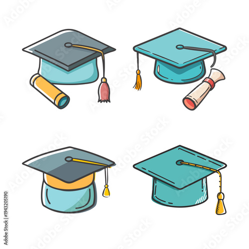 Collection of four graduation caps and rolled diplomas symbolizing academic achievement