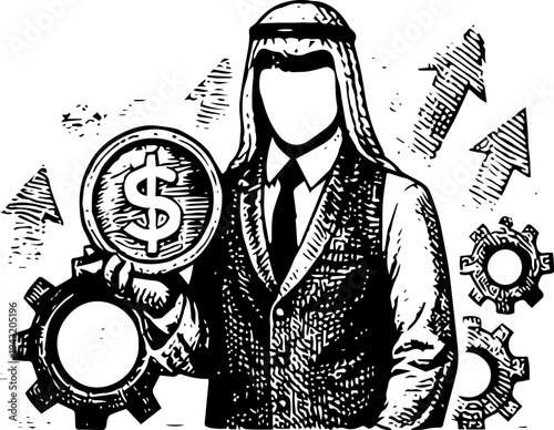 Black and White Vector Illustration of Faceless Arab Businessman in Keffiyeh Holding Financial Gears with Dollar Signs and Upward Arrows