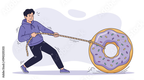 Man strenuously pulls a giant donut with rope, illustrating the intense battle against food temptation and diet discipline.