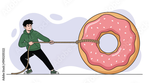 Determined young man battling against the powerful temptation of a huge glazed donut with sprinkles, symbolizing diet and self-control.
