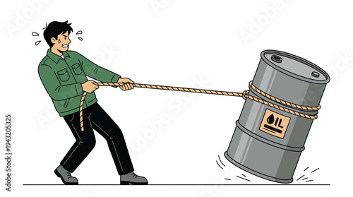 Exhausted Man Pulling a Massive Oil Barrel Representing the Burden of High Fuel Prices and Global Energy Crisis.