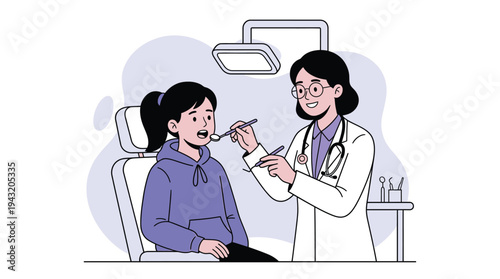 Professional female dentist examining a young female patient's teeth in a modern dental office, emphasizing oral health and regular check-ups.