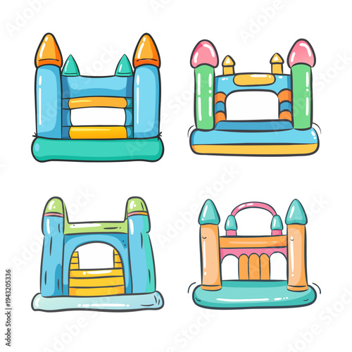 Four playful cartoon inflatable bounce houses with colorful castles and slides.
