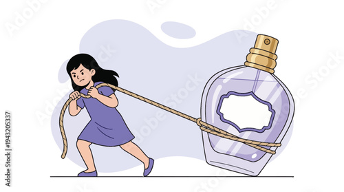 Determined young girl pulling an oversized perfume bottle with a rope, symbolizing the burden of luxury beauty products or an expensive habit.
