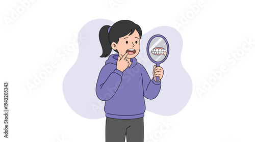 Young Woman Examining Her Teeth in a Hand Mirror, Concerned About Oral Health and Hygiene