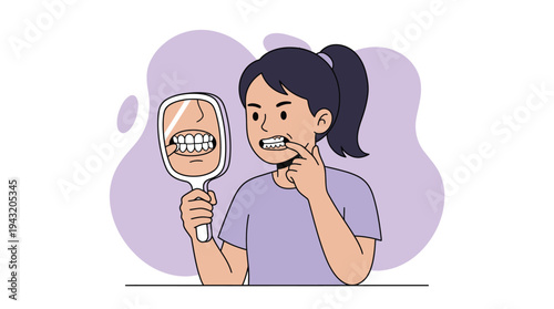 Young Woman Concerned About Her Oral Health Checking Teeth in Mirror. Dental Hygiene and Self-Care Concept.