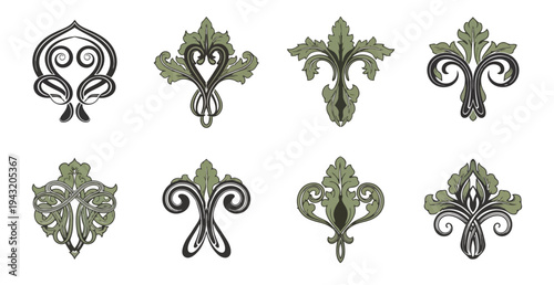 Decorative ornamental foliage design elements on dark background