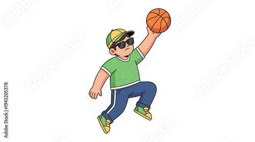 Energetic Cartoon Boy Wearing Sunglasses and a Cap Jumping to Dunk a Basketball, Lively Youth Sport Illustration