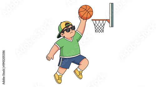 A fun cartoon illustration of a cheerful young boy in sunglasses and a cap jumping to dunk a basketball into the hoop, depicting active childhood and sports.