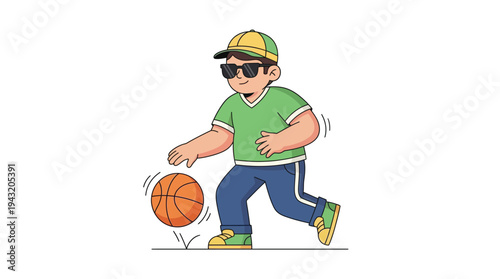 Energetic cartoon boy in sunglasses and cap dribbling a basketball. Playful vector illustration of youth sports and activity.