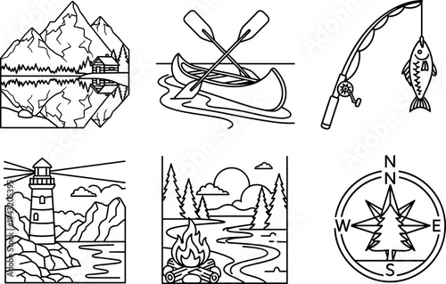Collection of outdoor adventure icons: mountains, canoe, fishing, lighthouse, campfire, and compass