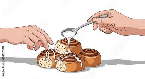 Cinnamon Rolls with White Icing Being Drizzled.