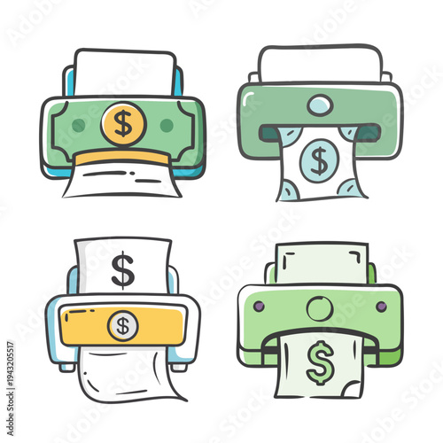 Money printing icons representing currency generation, income, and financial wealth creation.