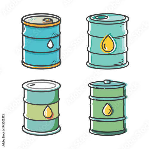 Set of four stylized oil barrels with drops of oil, representing petroleum industry