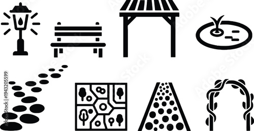 Park icon set including lamp post, bench, and pathway silhouette illustrations