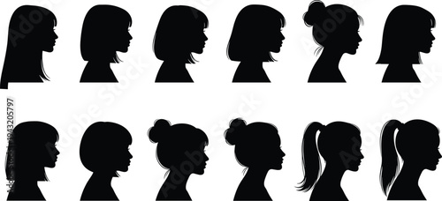 Female head silhouette profiles with various hairstyles including ponytail bun bob straight layered cuts, fashion design vector illustration hairstyle collection