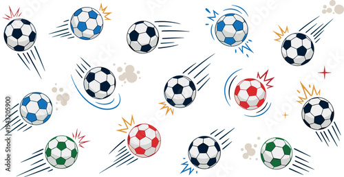 Dynamic flying soccer balls with motion lines and impact effects football sport vector illustration collection set