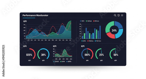 Dark analytics dashboard data visualization interface display.