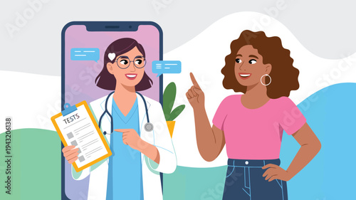 A smiling online doctor discusses medical test results with a patient using a digital healthcare platform
