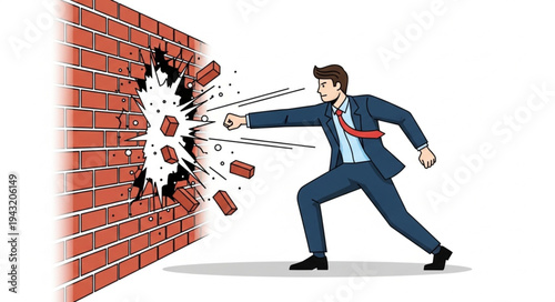 Determined Businessman Punching Through Brick Wall.