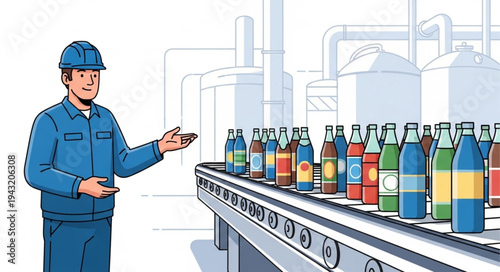 Factory worker inspects beverage bottles on a conveyor belt.