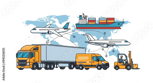 Freight Transport Illustration Featuring Truck Ship Plane Forklift Van.
