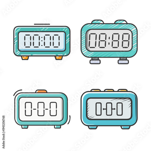 Collection of four retro digital alarm clocks with various times displayed