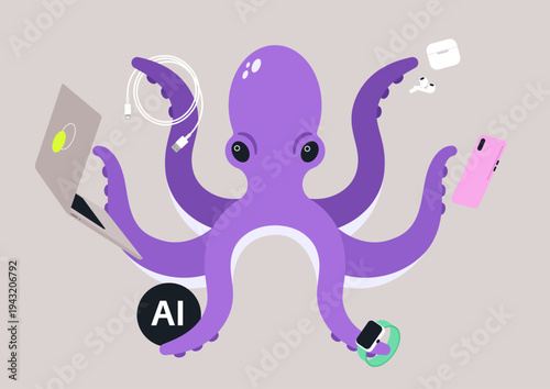 A vibrant octopus with six arms showcases various modern gadgets, like laptops, headphones, and smartphones, This creative design blends technology and nature in an imaginative way.