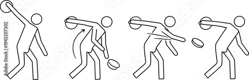 Discus throw sport sequence illustration showing athlete movement steps in outline style vector for athletics training, Olympic field event technique guide
