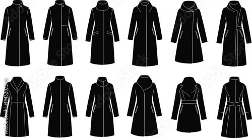 Black Women Winter Coat Silhouettes Set Featuring Various Fashion Overcoat Styles and Outerwear Designs Isolated on White Background for Apparel Graphic Design