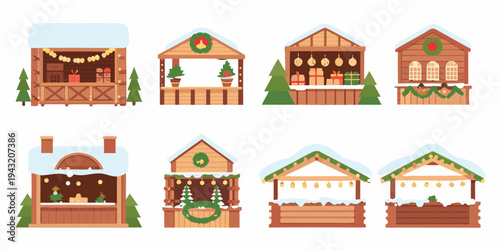 Charming illustrated christmas market stalls with festive decorations