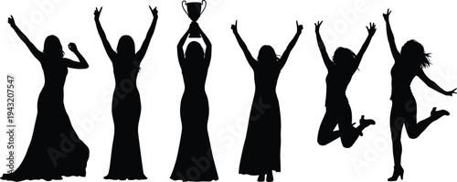 Collection of happy women silhouettes celebrating success and victory with trophy, jumping and raising hands isolated on white background, achievement and empowerment concept