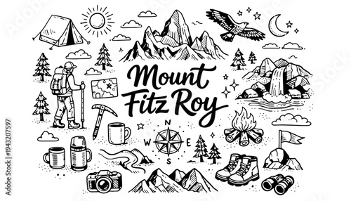 Mount Fitz Roy illustration with various hiking and camping icons