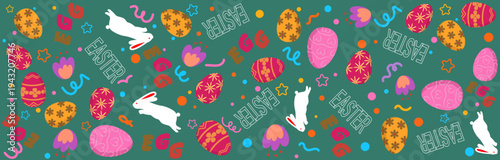 Bright festive Easter pattern featuring decorated eggs, jumping rabbits, flowers and playful shapes on a green background. Perfect for spring designs and holiday themes.