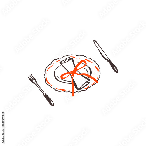 Hand drawn doodle plate, fork and knife. Whimsical coquette sketch crayon drawing. Tableware, vintage silverware with pink ribbon bow. Valentines day, bachelorette, restaurant, wedding design element