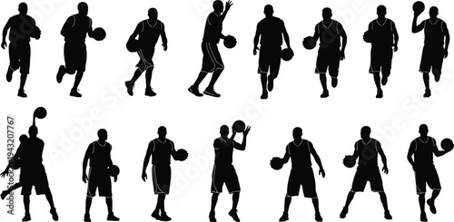 Collection of basketball player silhouettes in various action poses like dribbling and shooting isolated on white background for sports design projects